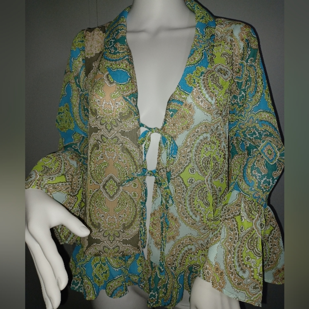 Colorful Paisley Tie-Front Blouse W/ Bell Sleeves New